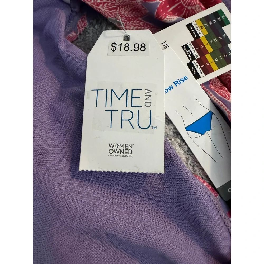 Time and Tru Bikini Bottom Women 1X Purple Floral NWT Ruched Low Rise Cheeky Fit